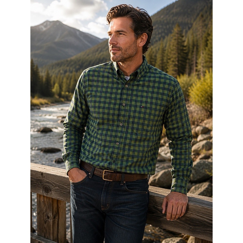 Tommy Hilfiger Men's XXL Custom Fit Green Plaid 80s 2-Ply Button Down Shirt